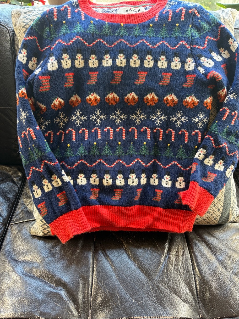 Boden Navy Fair Isle Crewneck Sweater with Red Trim